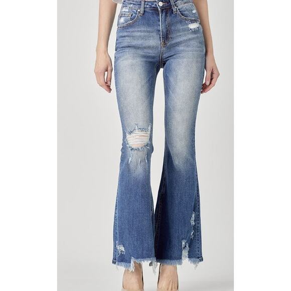 Risen Denim - Risen High Rise Distressed Frayed Hem Flare Leg Blue Womens Size 31